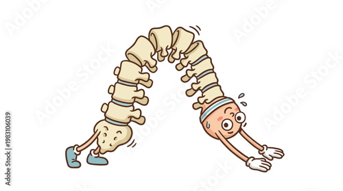 Cartoon character of a human spine doing a downward dog yoga pose.