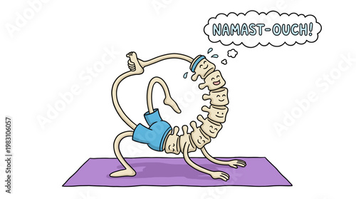 Cartoon spine character struggling with difficult yoga pose with pain.