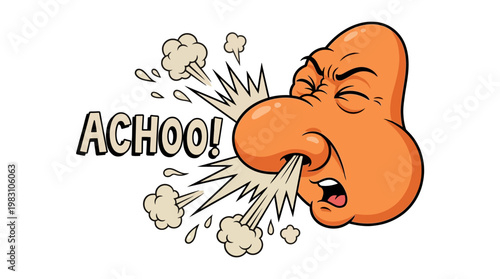 Cartoon character sneezing with large nose and sound effect.