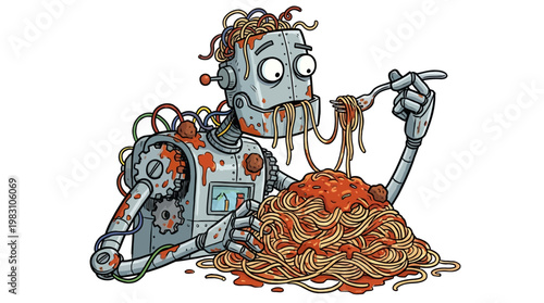 Funny robot character eating a giant pile of spaghetti with red sauce.