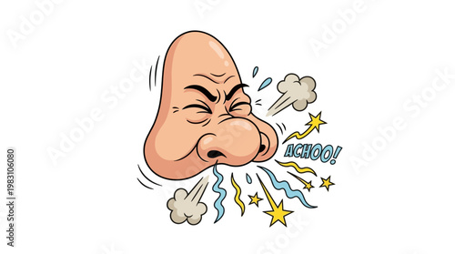Cartoon illustration of a human nose sneezing loudly.