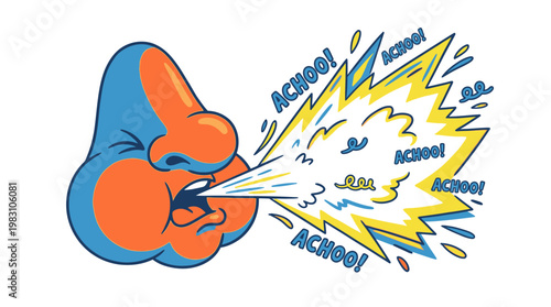 Cartoon illustration of a human nose and mouth sneezing violently with sound effects.