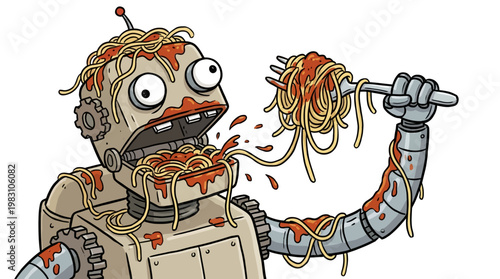 Funny robot eating a big bowl of messy spaghetti pasta.