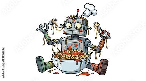 Cartoon Robot Chef Eating Messy Spaghetti Pasta Bowl.