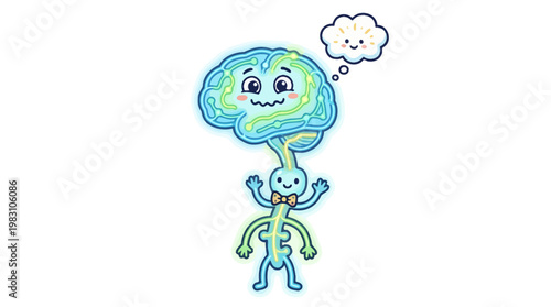 Cute cartoon brain and nervous system character mascot.