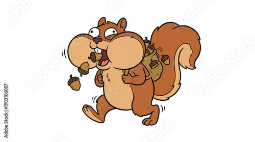 Cartoon illustration of a cute squirrel with full cheeks carrying acorns.