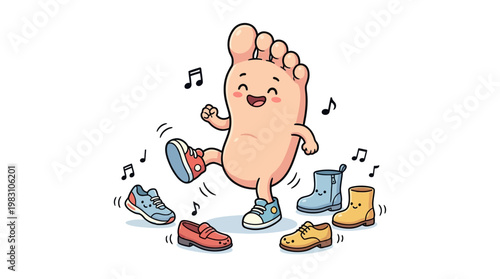 Cartoon foot character dancing and choosing among various shoes.