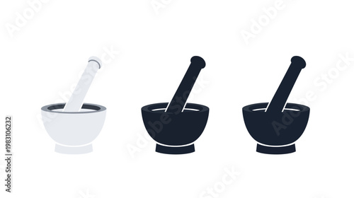 Three stylized mortar and pestle illustrations, presented in both grayscale and black