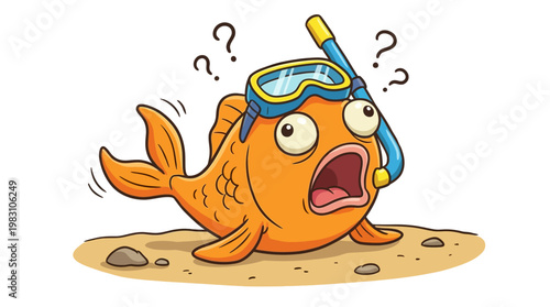 Confused cartoon orange fish wearing a diving mask and snorkel.