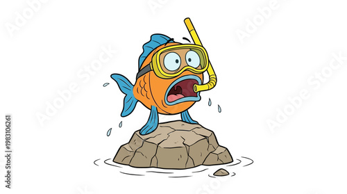 Cartoon fish wearing snorkeling gear standing on a rock.