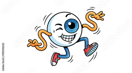 Cartoon eyeball character with arms and legs jumping happily.