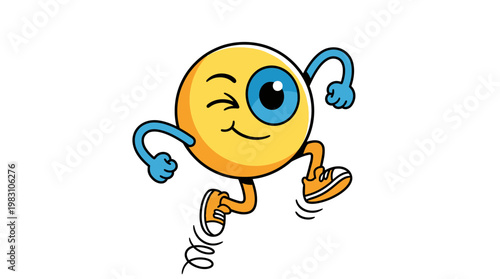 Cartoon character with a single blue eye winking and running.