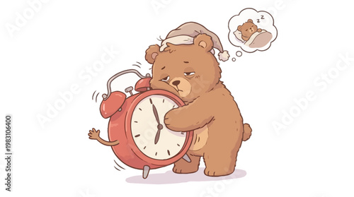 Cute Cartoon Bear Trying To Sleep While Holding A Ringing Alarm Clock.