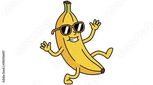 Cartoon banana character wearing sunglasses dancing happily.