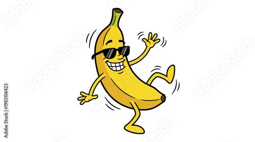 Cartoon banana character wearing sunglasses dancing happily.