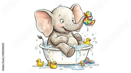 Cute cartoon baby elephant taking a bubble bath with rubber ducks.