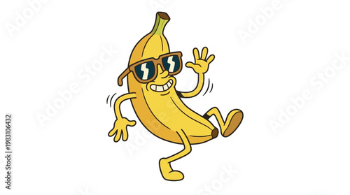 Cartoon banana character wearing sunglasses dancing.