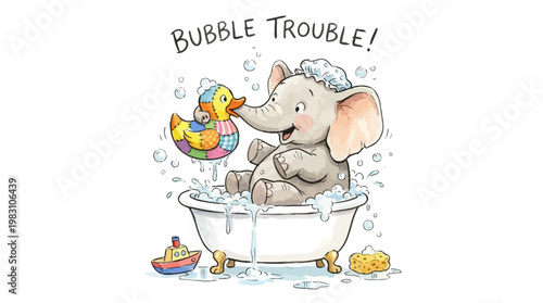 Cute cartoon elephant taking a bubble bath with a rubber duck.