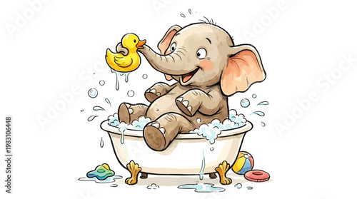 Cute baby elephant taking a bubble bath with a rubber duck.