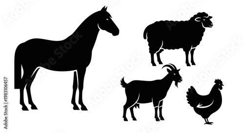 Farm Animals Silhouettes: Horse, Sheep, Goat, and Chicken Livestock Icons