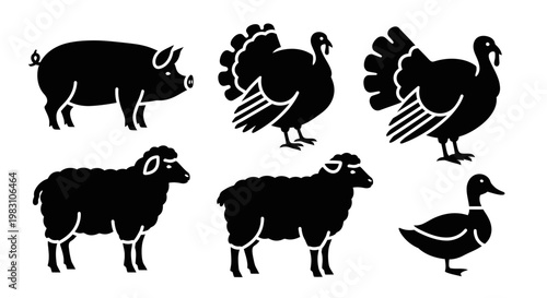 Farm Animals Silhouettes Set - Pig, Turkey, Sheep, Duck Icons