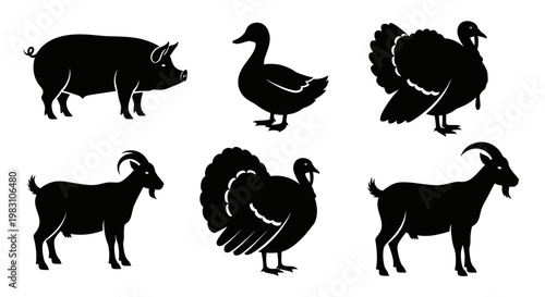 Farm Animals Silhouettes Set - Pig, Duck, Turkey, and Goat Icons for Agriculture Design