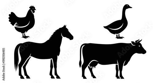 Farm Animals Silhouettes Set: Chicken, Horse, Goose, and Cow Icons