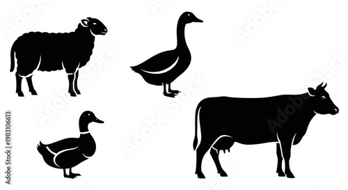 Farm Animals Silhouettes: Sheep, Goose, Duck, and Cow Livestock Icons