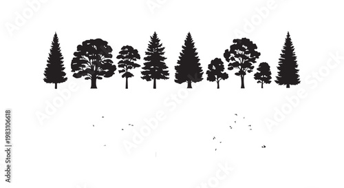 Forest tree silhouettes collection with different pine and deciduous species and small flying birds on white background vector.