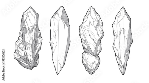 Four stylized illustrations of crystalline structures, with variations in shape and detailing