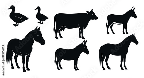 Farm Animals Silhouettes Vector Set - Domestic Livestock and Poultry Icons