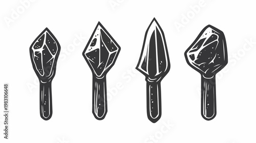 Black and white illustration of four ancient hand-tools with jagged heads and simple handles