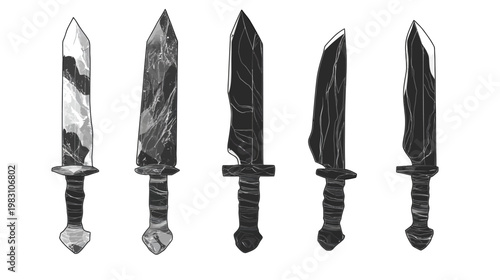 Black and white illustration of five different swords with textured blades and handles