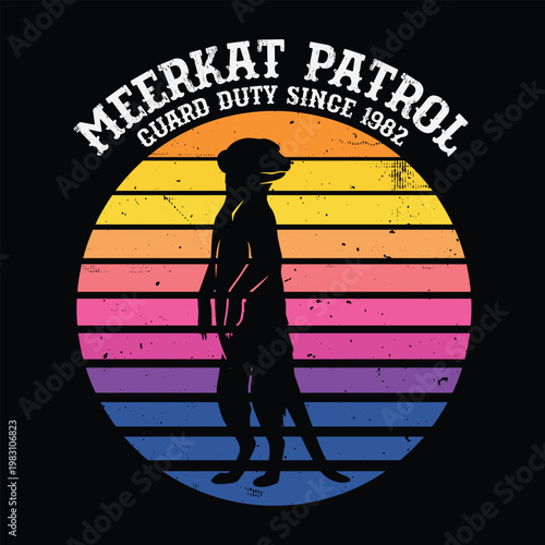 Meerkat Patrol Guard Duty - Alert meerkat silhouette standing on guard with retro striped sunset