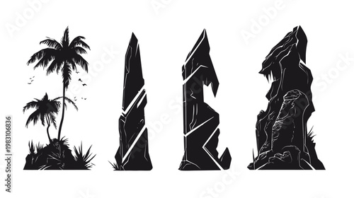 Silhouetted tropical scene featuring palm trees, foliage, birds and stylized rock formations