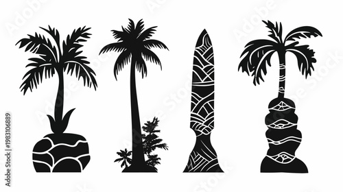 Silhouetted tropical trees against a plain white background. Includes various palm and stylized tree designs