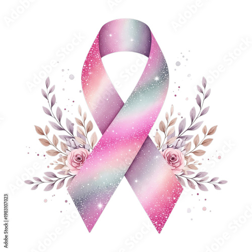 Breast Cancer Awareness Ribbon with Flowers and Glitter