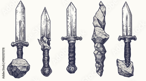 Stylized Illustration Five daggers with various handle designs and blade styles