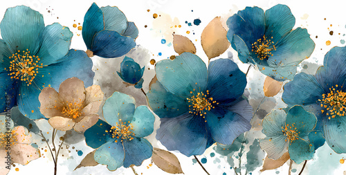 Arrière-plan floral abstrait à l'aquarelle bleue et dorée pour design d'invitation élégant