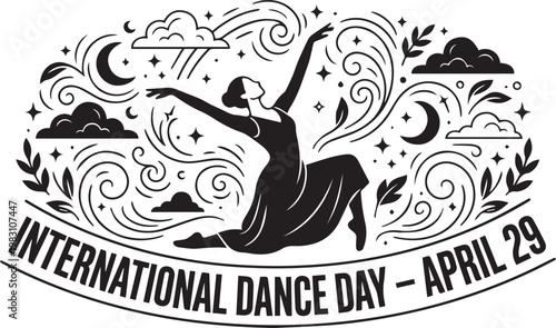International Dance Day vector illustration with graceful dancer silhouette surrounded by celestial decorative patterns