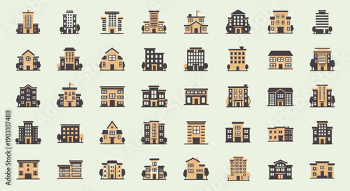 Collection of Diverse Building Icons Representing Architecture Styles.