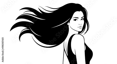 Elegant Woman with Flowing Black Hair Illustration.