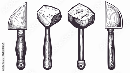 Four black and white illustrations of tools with handles and blades, looking hand-drawn