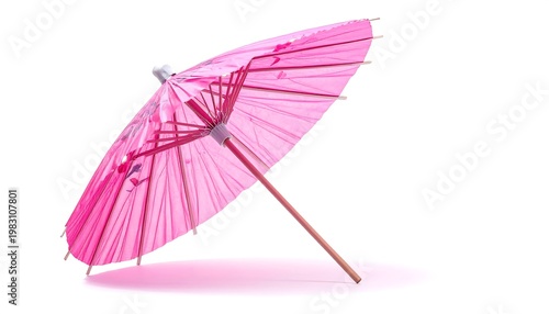 A pink cocktail umbrella on a white background with subtle shadow
