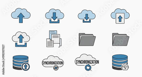 Graphic icons illustrate data synchronization and cloud storage.