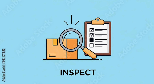 A magnifying glass inspects a checklist on a clipboard next to a box.