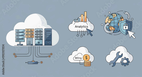 Cloud computing technology enables data analysis and management systems globally online.