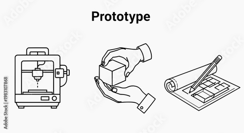 A hand holds a 3D printed object near a printer and a blueprint