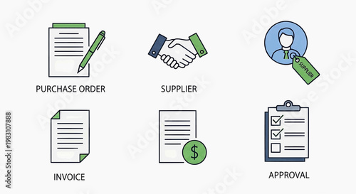 Business documents and approval process icons including purchase order and invoice
