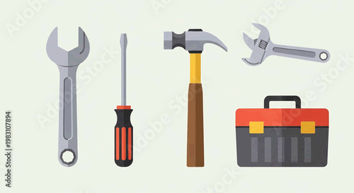 A set of tools including wrench, screwdriver, hammer, adjustable wrench and toolbox.